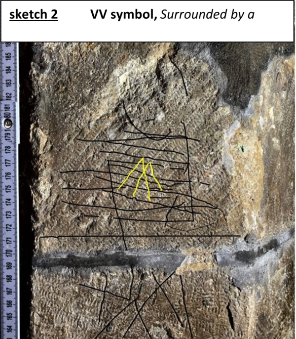 Image of graffiti carved into stone with some lines highlighted in yellow. Text reads, "sketch 2, VV symbol, surrounded by a".