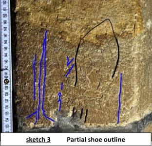 Image of graffiti carved into stone, some lines highlighted in blue and black. Text reads, "sketch 3, Partial shoe outline".