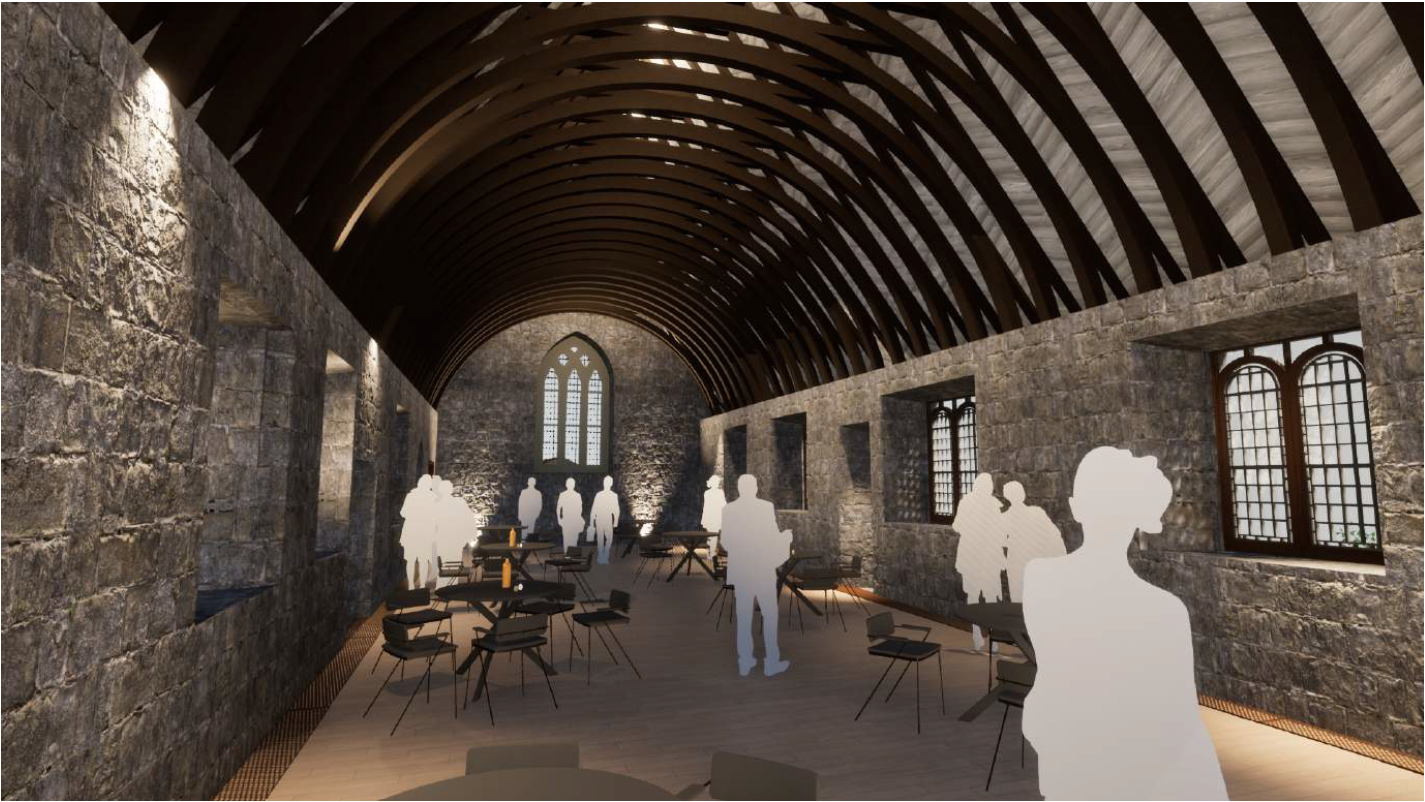 2cplan upper floor Artist’s impression of the upper floor of Greyfriars showing arched roof beams and open floor space.