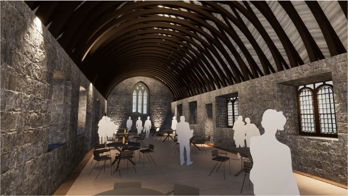 Artist’s impression of the upper floor of Greyfriars showing arched roof beams and open floor space.