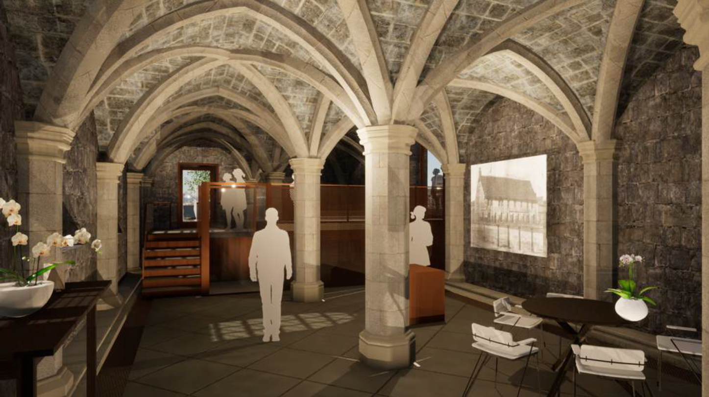 Artist’s impression of undercroft showing stone pillars and arched ceiling as well as chairs around a small table.