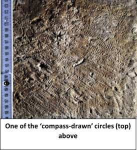 Photo of mason mark carved into stone. Text reads, "One of the 'compass-drawn' circles (top) above".