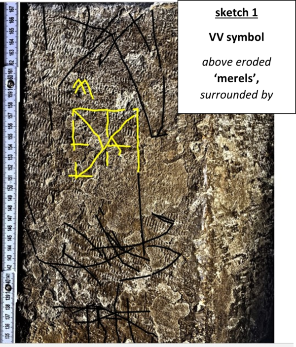 Image of graffiti carved into stone with some marks highlighted in yellow. Text reads, "sketch 1, VV symbol, above eroded 'merels', surrounded by".